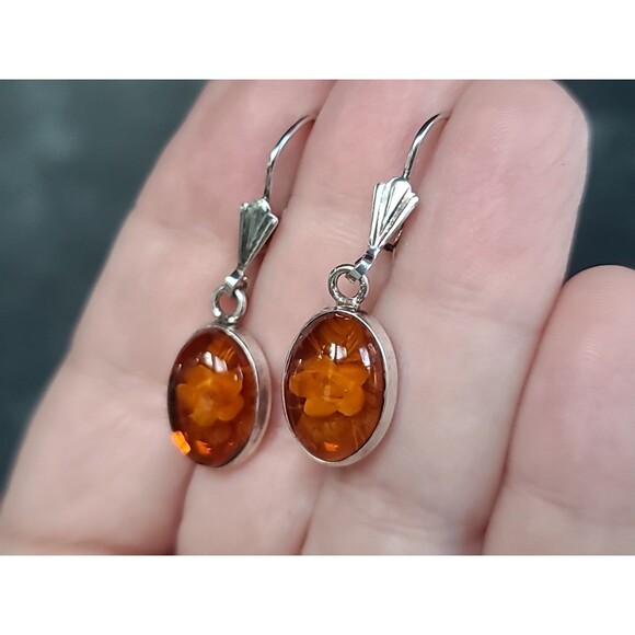 925 Sterling Silver Floral Resin Dangling Pierced Earrings Vintage - Picture 5 of 10